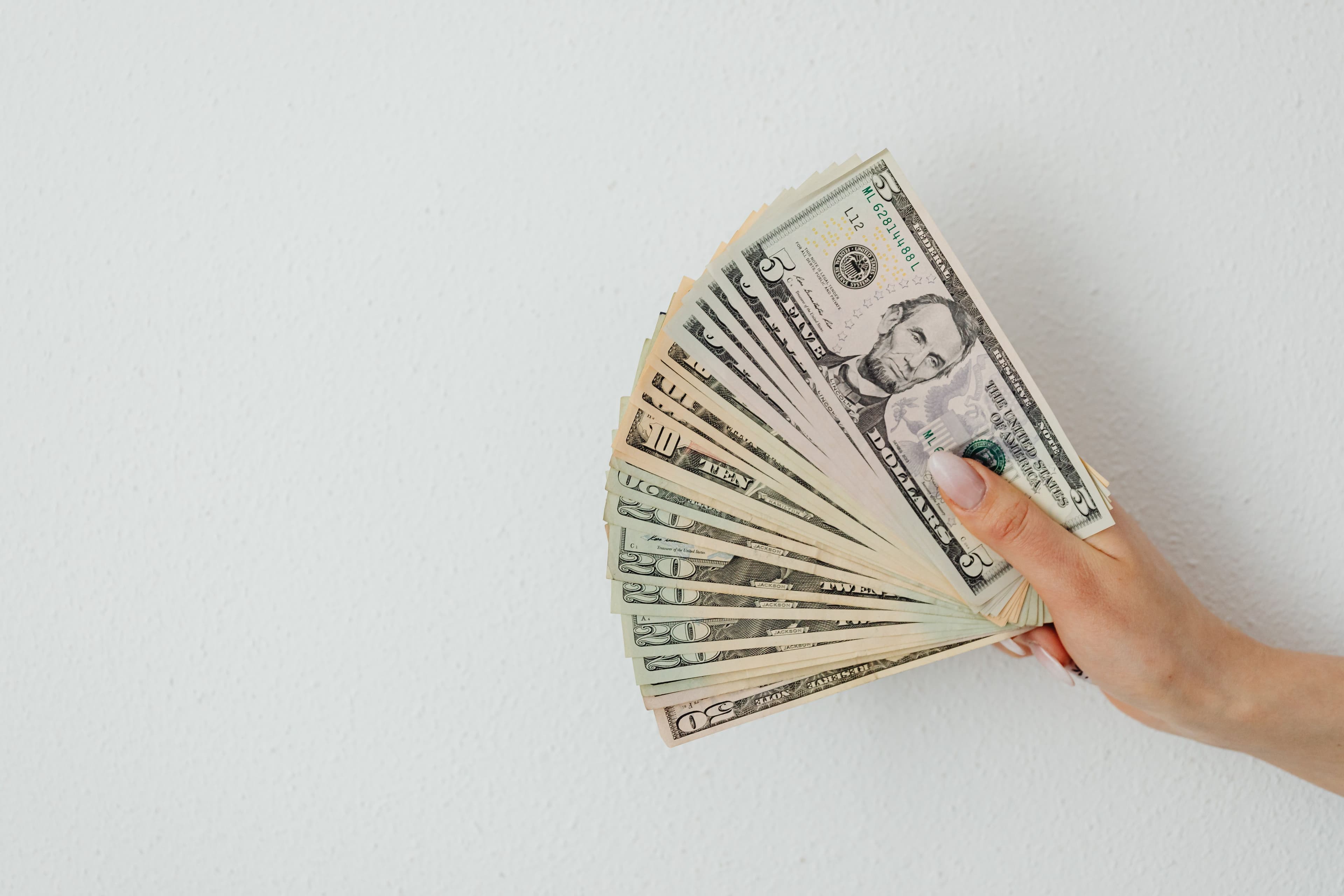 Hand holding out dollar notes against a white background.